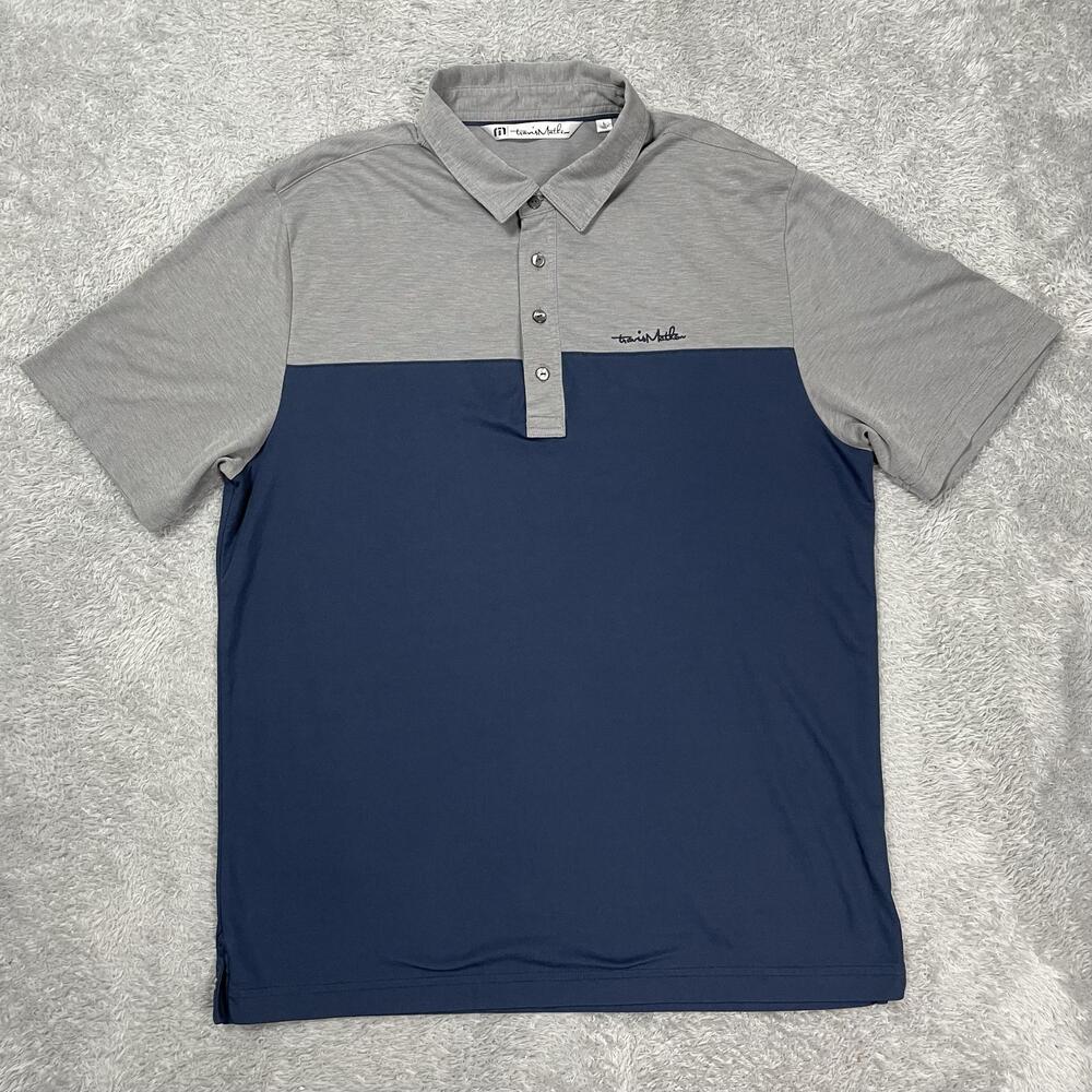 TravisMathew Polo Shirt Mens L Blue Gray Colorblock Golf Pima Cotton Blend